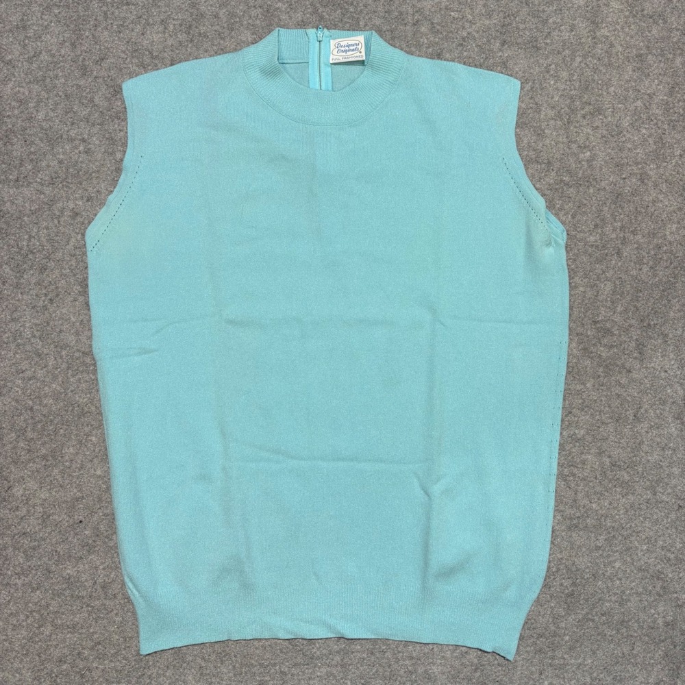 Vintage Designers Originals Mock Neck Sleeveless Sweater Shell Blue Zip Back